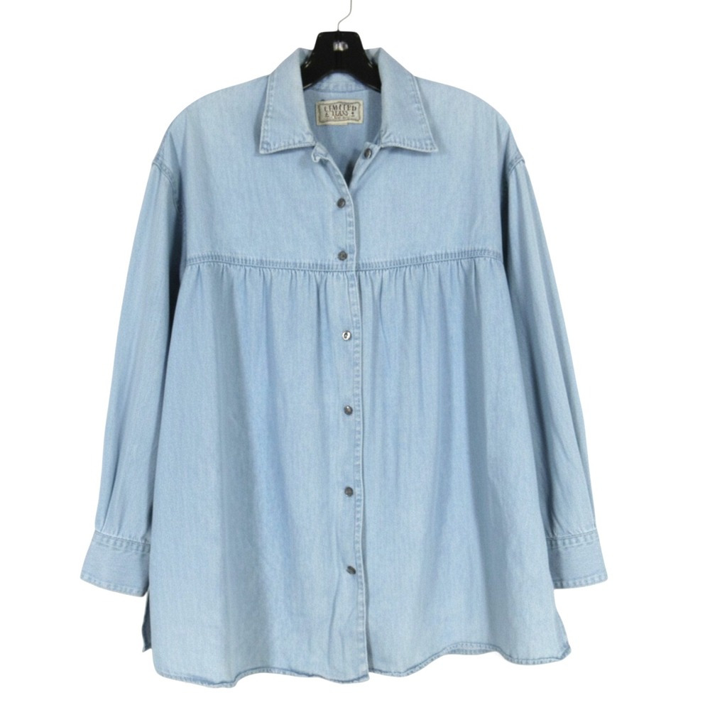 LIMITED JEANS 90's Chambray BUTTON-UP Relaxed PEASANT PEPLUM Denim Shirt/Top M